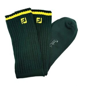 VTG FootJoy Green Ribbed Crew Socks USA Made Gold Stripe FJ Logo Golf‎ 15"